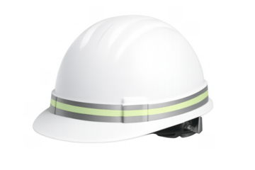 White safety hard hat with reflective tape protecting head at construction site or industrial workplace, transparent background