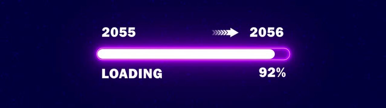 2056 New Year Arrival Concept Animation from 2055 - Futuristic Neon purple Loading Bar with Digital HUD Progress Indicator on Dark Technology Background