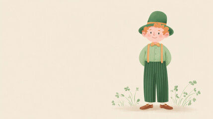Mid century inspired illustration of a cute leprechaun boy standing among shamrocks. St. Patrick Day design for greeting card or banner.