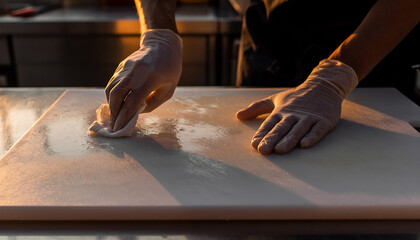 Person in gloves meticulously cleaning a white kitchen cutting board with a cloth, ensuring hygiene in a professional setting.