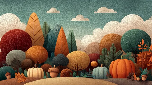 Whimsical Autumn Landscape with Pumpkins, Trees, and Acorns - Colorful Illustration for Seasonal Design and Festive Greetings.