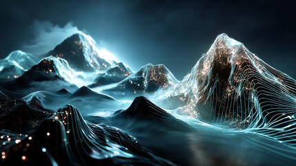 Wireframe Landscape Wire with Depth of Field Effect. 3D Topographic map background concept. Geography concept. Space surface HUD Design Element.