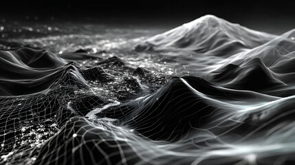 Wireframe Landscape Wire with Depth of Field Effect. 3D Topographic map background concept. Geography concept. Space surface HUD Design Element.