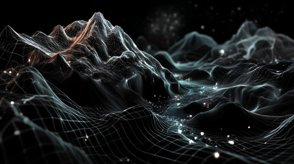 Wireframe Landscape Wire with Depth of Field Effect. 3D Topographic map background concept. Geography concept. Space surface HUD Design Element.