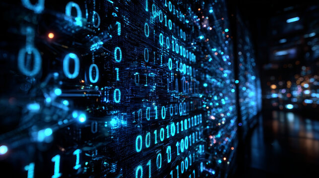 Blue Binary Data Software Programming Code Background. Random Parts of Program Code. Digital Data Technology Concept. 1 0 Machine Code. Random Binary Data Matrix Wide Vector Illustration.