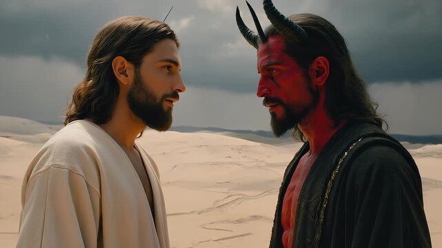 Confrontation in the Desert: Biblical Figures Jesus and  Satan evil Facing Off in Harsh Landscape, Dramatic Lighting, Intense Stare.