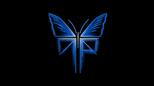 Abstract Blue Neon Butterfly Logo Design on Black Background. Stylized Glowing Metallic Effect, Modern Digital Emblem Symbol.