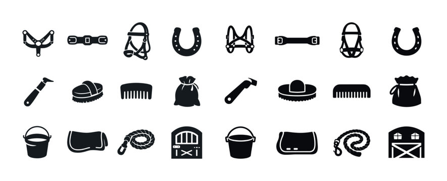 Set of horse equipment icons: bridles, horseshoes, brushes, and barn elements