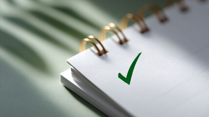 A green check mark on a white page in a notebook with gold rings is shown, indicating completion or approval of tasks