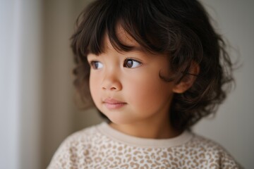 Young child with dark wavy hair wearing printed organic clothing gazes thoughtfully out of a window, capturing a moment of innocence and curiosity in a softly lit environment