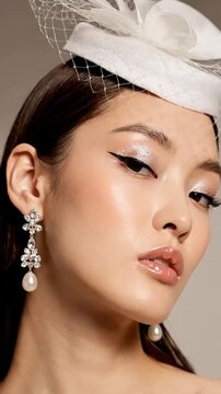 Glamorous Asian Bride in White Pillbox Hat with Pearls and Glass Skin Makeup