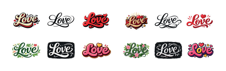 Colorful love lettering designs with floral and heart elements