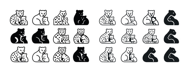 Stylized bear and leopard patterns with cubs in black and white