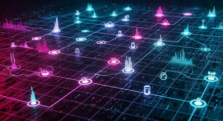 Abstract network grid with glowing nodes and data visualizations in blue and pink hues on dark backdrop