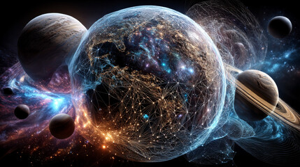 Abstract image of a planet Earth in the form of a starry sky or space, consisting of points, lines, and shapes in the form of planets, stars and the universe. Earth vector wireframe concept