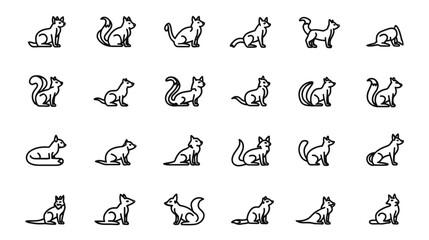 Naklejka premium Collection of diverse small mammal line art icons. Outline vector illustrations featuring animals like cats, dogs, and squirrels in various poses.