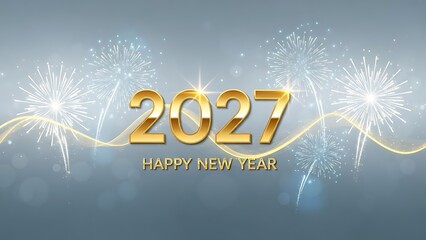 Happy new year 2027 celebration with fireworks and gold decorations