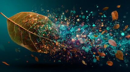 Leaf of tree floating.Startup or start a new life concept.Agriculture technology and environment, ecology system.Hi-tech and futuristic.Digital and technology background.