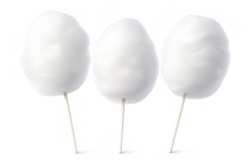 White fluffy cotton candy on sticks standing in a row, a sweet sugary treat on transparent background