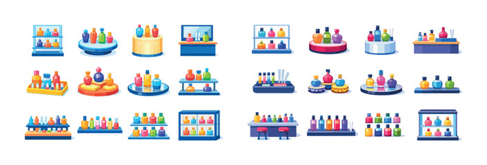 Naklejka premium Colorful assortment of cartoon cosmetic and perfume bottles on various displays