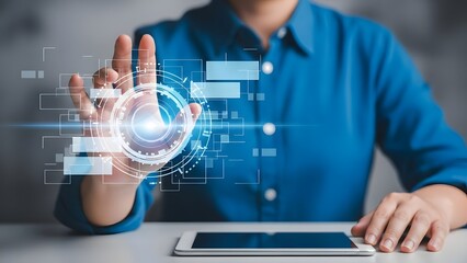 Man interacting with futuristic digital interface on a tablet