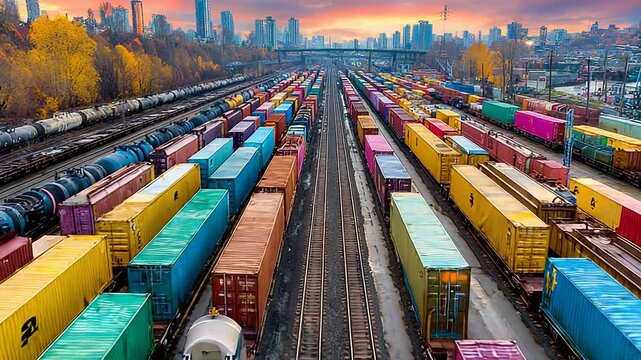 Empty Freight Train on Railway Tracks at Dusk, Industrial Landscape, Transportation, Logistics, and Infrastructure Elements