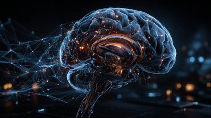 Futuristic digital brain made of glowing data particles with AI letters. Concept of artificial intelligence, neural networks, and advanced technology. Vector illustration on blue background.