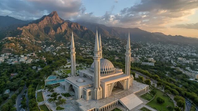 Aerial view of the Faisal Mosque, Islamabad, Pakistan, showcasing its distinctive modern Islamic architecture and serene surrounding landscape.