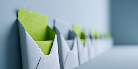 A row of white envelopes with green sticky notes in them on a grey wall