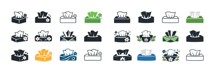 Assorted tissue box icons with decorative elements and color variations