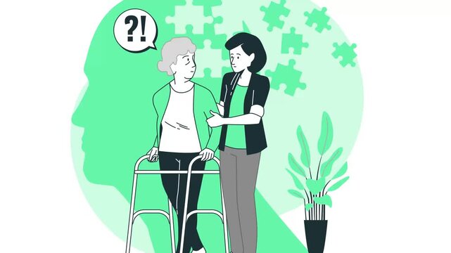 An elderly woman with Alzheimer's disease or dementia using a walker. 2D animation in vector flat art style