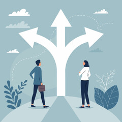 Obraz premium Two professionals considering multiple directional choices in a conceptual flat vector illustration