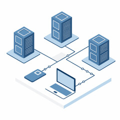 Obraz premium Modern digital transformation concept illustration showcasing technology and data connectivity through a laptop and servers