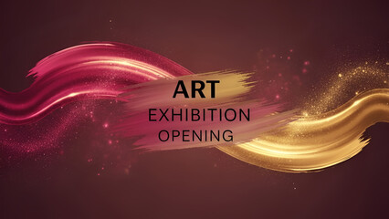Elegant 'ART EXHIBITION OPENING' text on deep maroon and luxurious gold gradient with cinematic, impressionistic crimson and gold light strokes, perfect for gallery invitations,