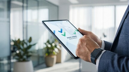 A businessman in a suit holds a tablet in a modern office with a blurred background of plants and windows.