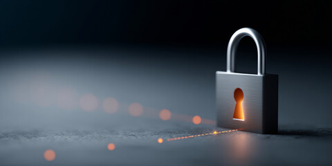 Close-up of a metallic padlock with glowing keyhole on dark surface symbolizing security and protection in digital or physical context