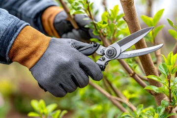 Person in gardening gloves pruning tree branches with shears