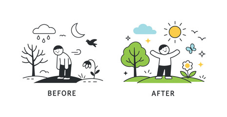 Seasonal Contrast Illustration. Nature before and after. A clean editorial composition showing seasonal contrast through simple shapes and colors.