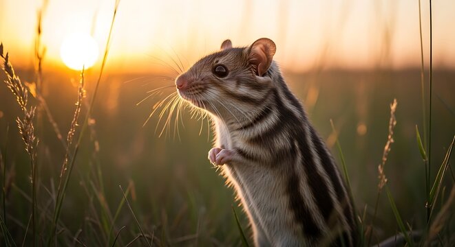 Small striped palm squirrel stands attentively in tall grass backlit by the setting sun in a natural field environment - Powered by Adobe