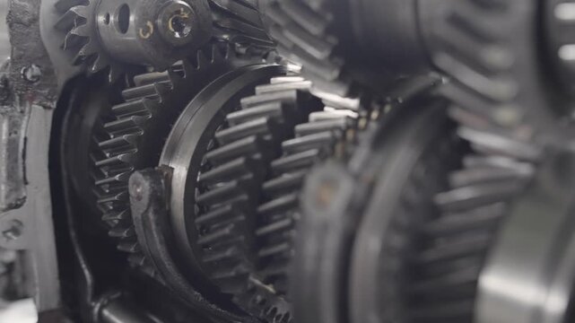Vehicle transmission gearbox. Automobile transmission gearbox in sections, close up detail view, selective focus
