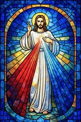 Divine Mercy Jesus Christ Stained Glass Style Christian Vector Illustration with Red and White Rays