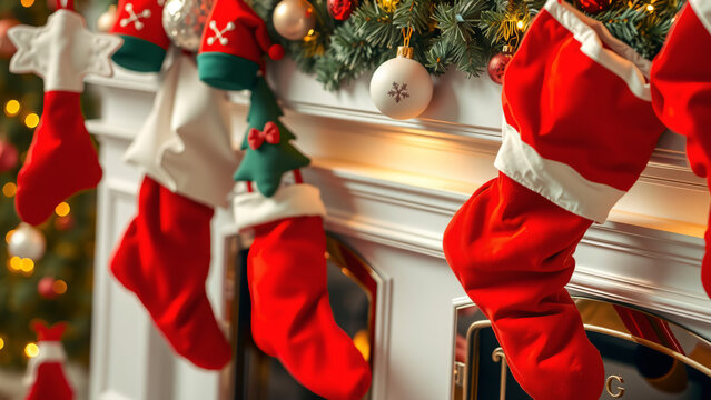 Weihnachtssocken h&auml;ngen dekorativ am warmen Kamin