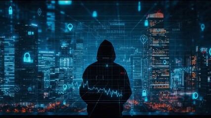 Hacker are planning to hack and attack networks and cyber security systems and stands on the peak of success amid tall, innovative Smart city and graphs with statistics to analyze business potential - Powered by Adobe