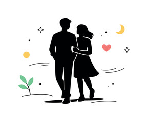 Romantic Silhouette Stroll. Romantic couple silhouettes scene. Abstract silhouettes walking side by side, relaxed posture and peaceful companionship, soft