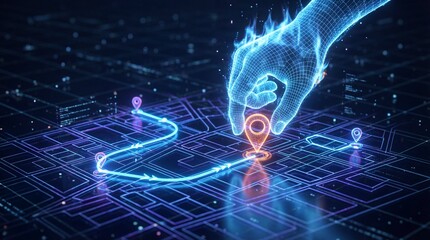 A futuristic hand interacts with a digital map on a virtual interface with glowing blue lines and points.