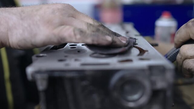 Mechanics repair a head with valves of arge car engine, slow motion