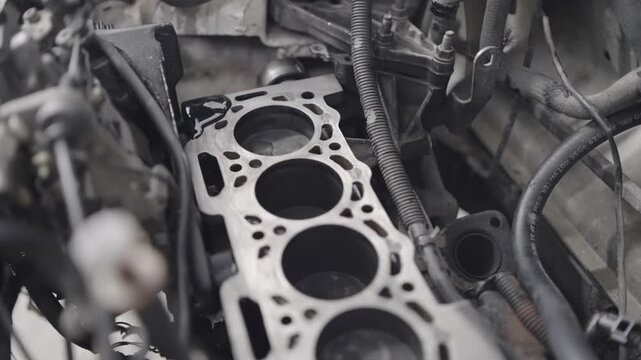 Car engine block cylinders with motion of pistons, camshaft, chain, valves and other mechanical parts, slow motion
