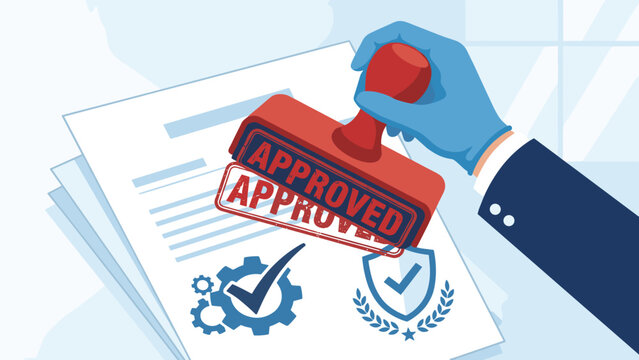 Hand holding red rubber stamp with Approved text. Quality control and business approval concept. Certified validation guarantee. Permission agreement flat vector illustration design.