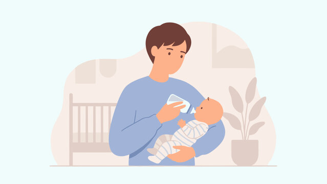 Father feeding baby with bottle. Parenting childcare concept. Dad holding newborn child. Happy family care. Male character giving milk to infant. Flat vector illustration. Paternity love.