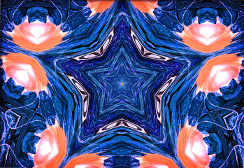 A mesmerizing kaleidoscopic design features a star shape at the center, surrounded by swirling patterns. The colors blend vibrantly, creating a sense of motion.